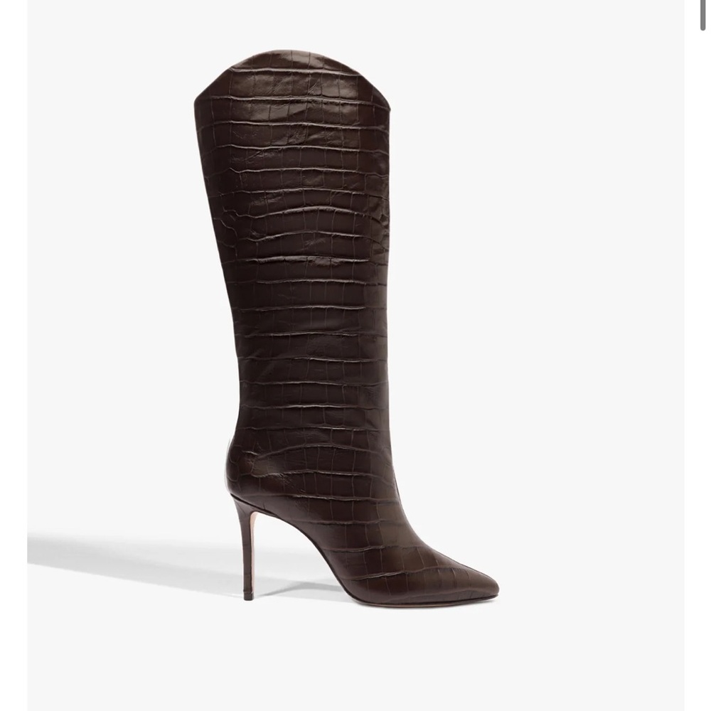 SCHUTZ Maryana Dark Brown Croc-Embossed Heeled Boots